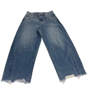 BAYEAS Frayed Hems Drop Crotch Barrel Jeans 31 Distressed Wide Leg Blue Denim
